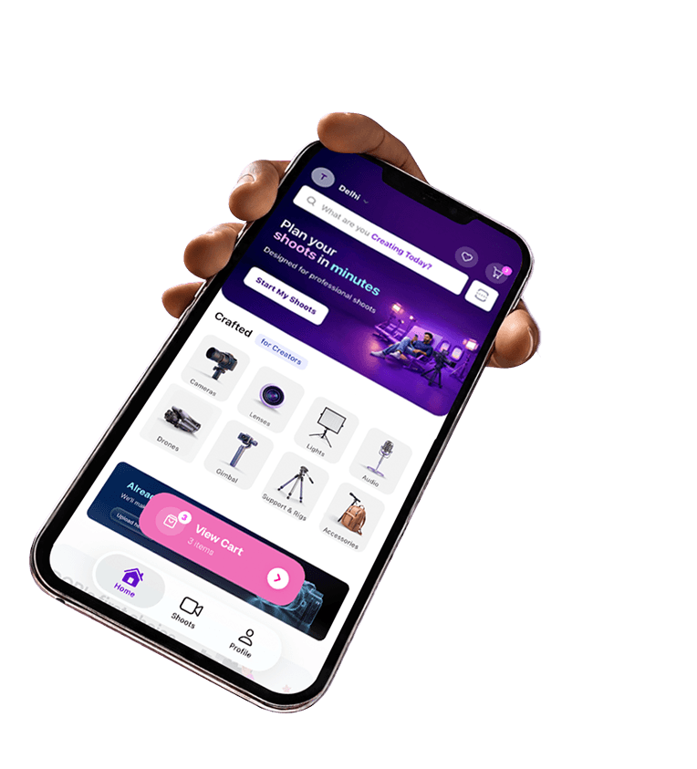 Camorent app showing equipment rental in Hyderabad