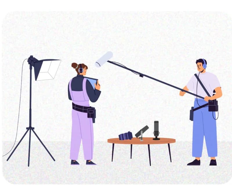 Illustration of a crew setting up lights and a boom mic